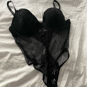 Black Bow Push up bra Lace Mesh Body Suit Medium